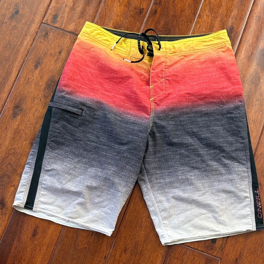 O'Neill Men’s Yellow to Red Gradient Swim Board Shorts with Gray Fade
